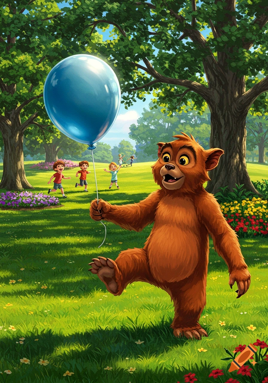 A friendly, brown cartoon bear-like character holds a large blue balloon in a sunny park where children play. Cartoon illustration.