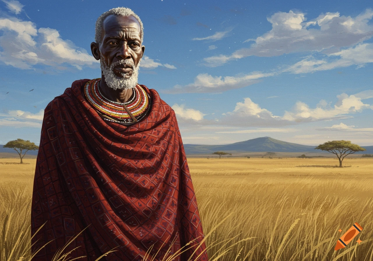 Elderly African man in red traditional garb and beaded necklace standing in a golden savanna landscape under a blue sky.
