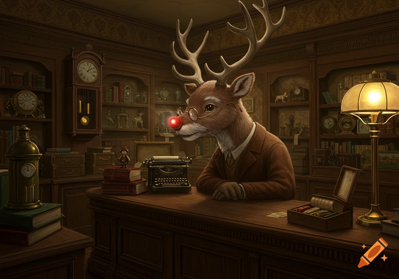 An anthropomorphic old Rudolph the Red-Nosed Reindeer with glasses and a suit, sitting at a wooden desk in a vintage antique store, with typewriters and clocks.