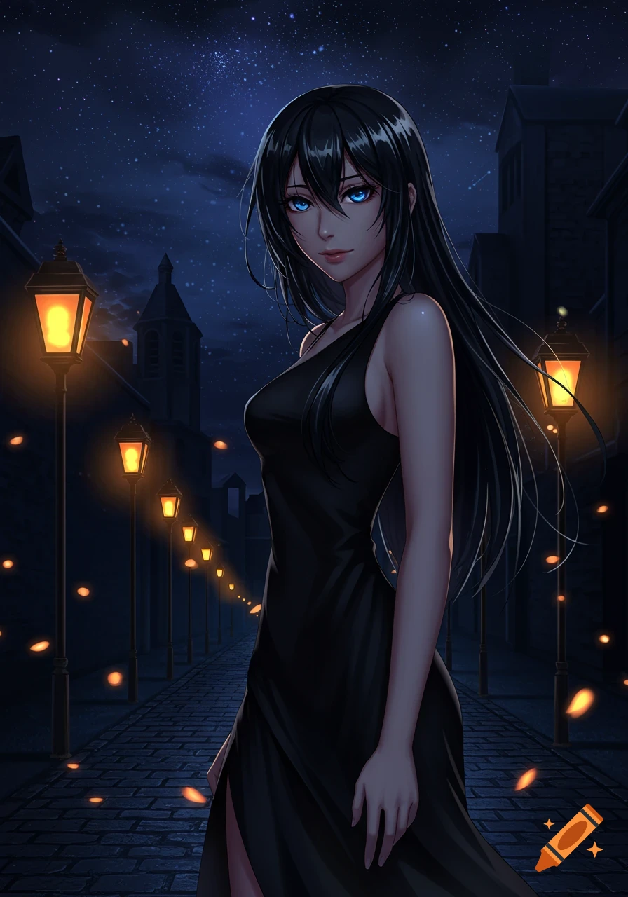 An anime girl with long black hair and blue eyes in a black dress stands on a cobblestone street at night, lit by glowing street lamps under a starry sky.