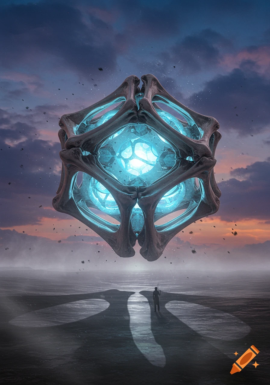 A large, glowing blue bone-like tesseract floats over a misty landscape, observed by a small figure at sunset. Digital art.