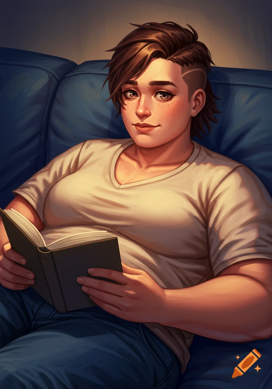 Digital art of a woman with short brown hair, wearing a loose shirt and jeans, sitting on a blue couch and reading a book.