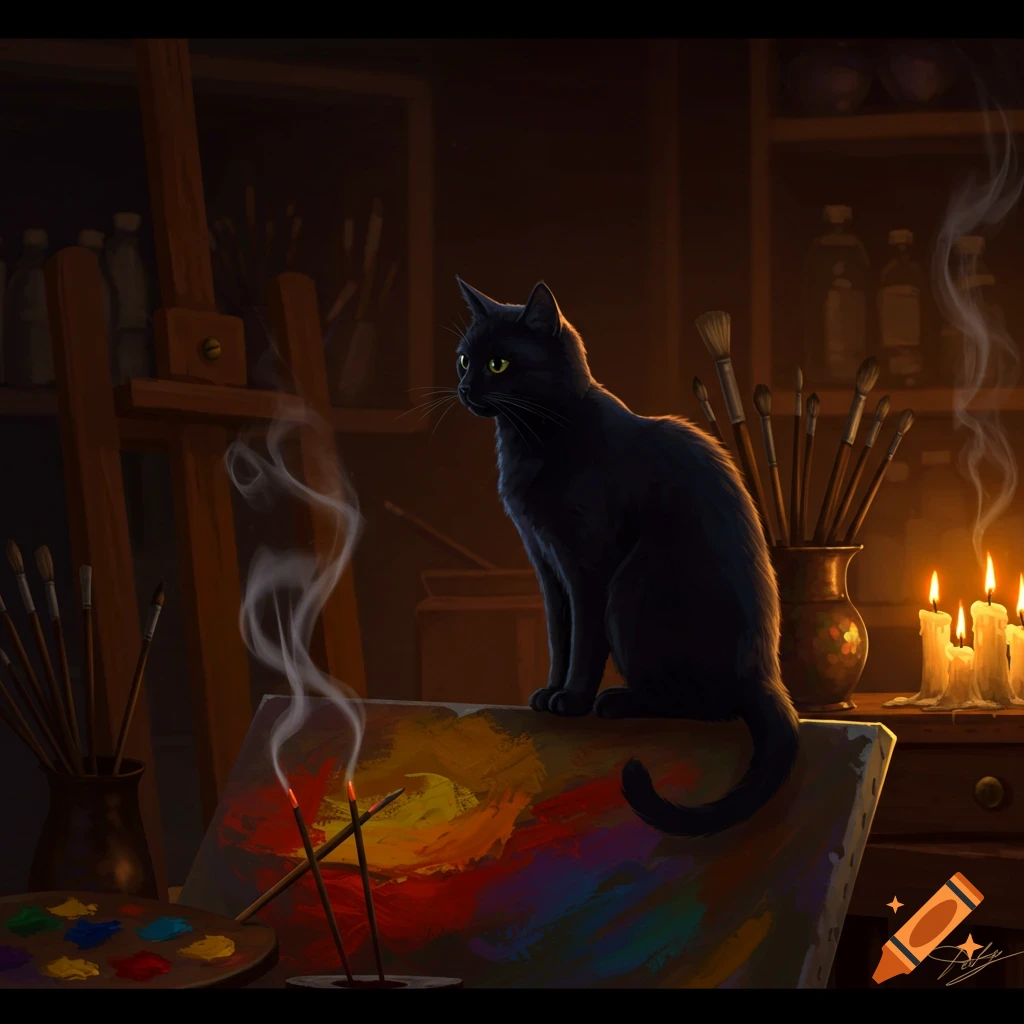 A black cat sits on a vibrant canvas in a dimly lit art studio, surrounded by painting supplies, glowing candles, and incense smoke. Digital art.