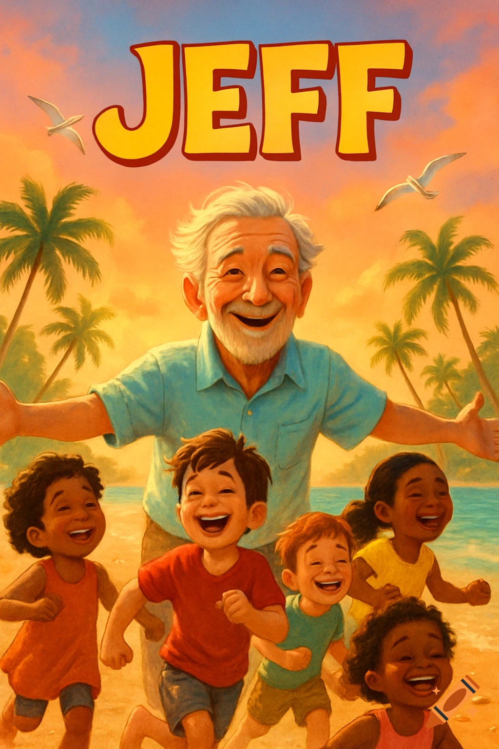 Animated movie poster of an old man with open arms and joyful children running on a tropical beach at sunset, with the title JEFF.