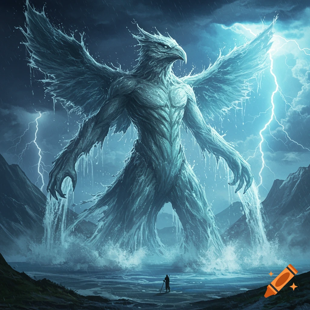A colossal, winged creature made of churning water stands in a stormy sea with lightning, towering over a small figure.