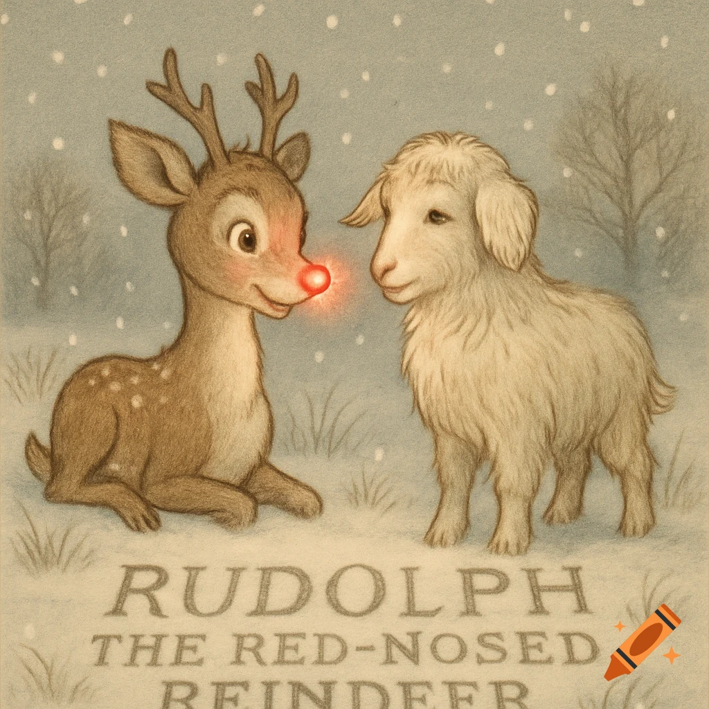 Vintage illustration of Rudolph the Red-Nosed Reindeer with a glowing nose and a lamb in a snowy scene with text "RUDOLPH THE RED-NOSED REINDEER" below.