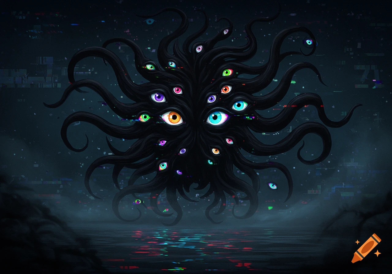 Abstract dark glitchy monster with many colorful eyes and black tentacles hovering over a reflective water surface.
