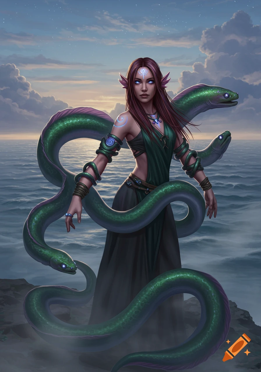 A fantasy woman with glowing blue eyes and pointed ears, in a green dress, stands by the ocean surrounded by large green eels. Digital painting.