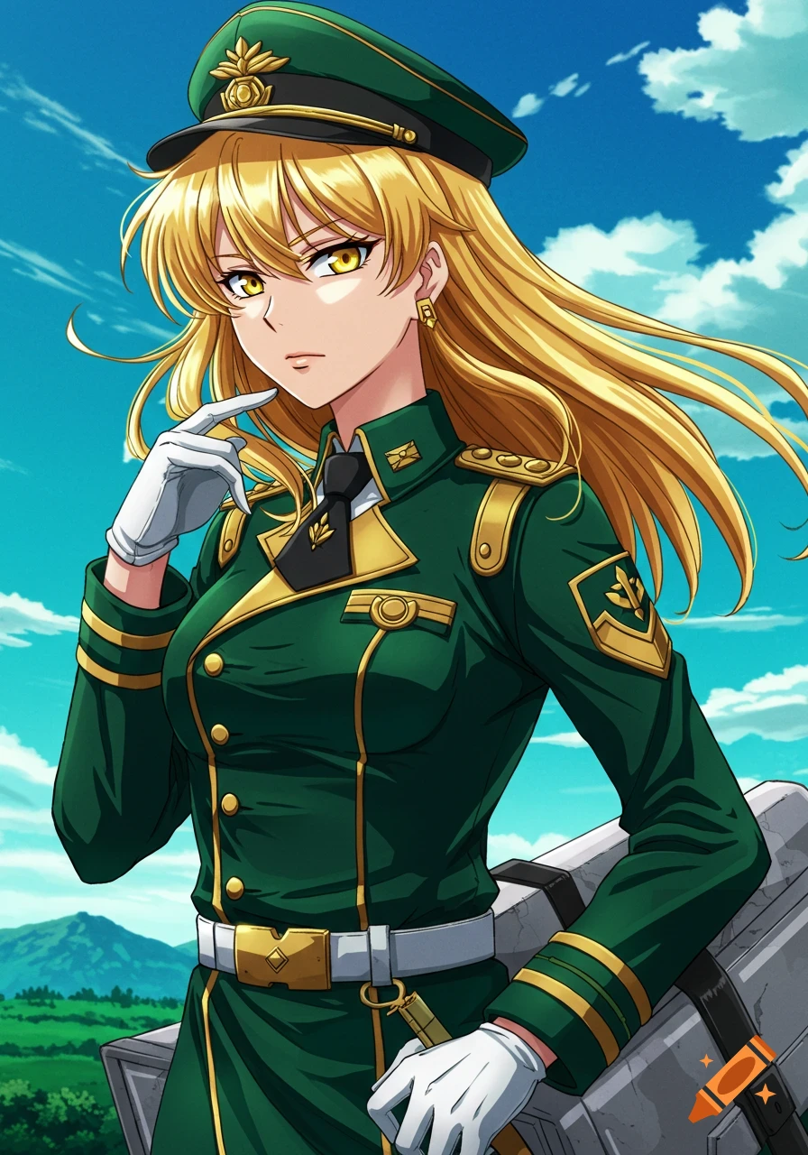 Anime woman with gold hair and eyes in a green military uniform, posing thoughtfully against a blue sky with mountains in the background.