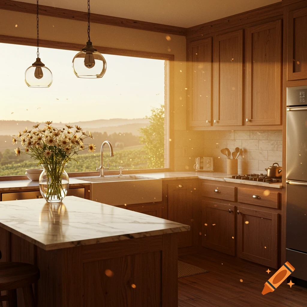 Photorealistic kitchen interior at sunrise with a large window overlooking a landscape, a vase of daisies on the island counter.