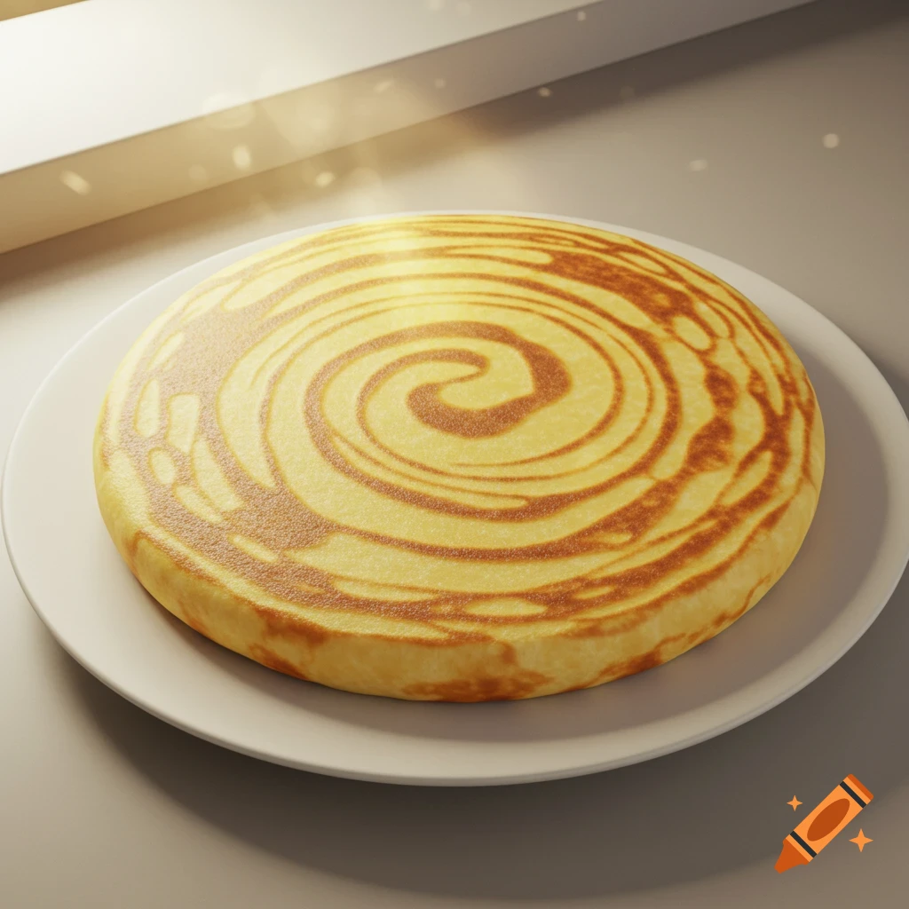 A 3D rendered, aerial view of a circular, lightly browned crepe with a spiral pattern on a white plate.