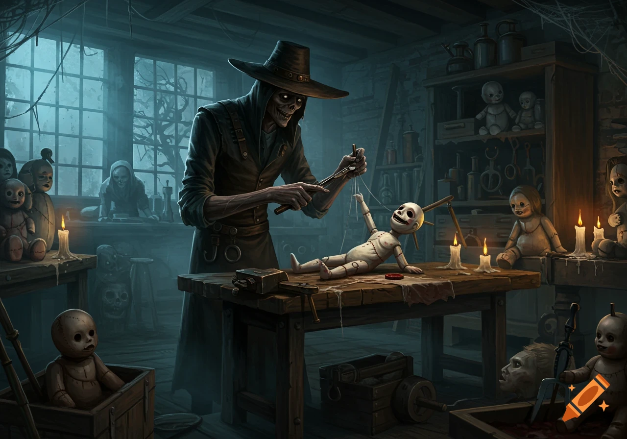 A skeletal, hooded figure manipulates a creepy puppet doll in a dark, eerie workshop filled with other unsettling dolls and tools.