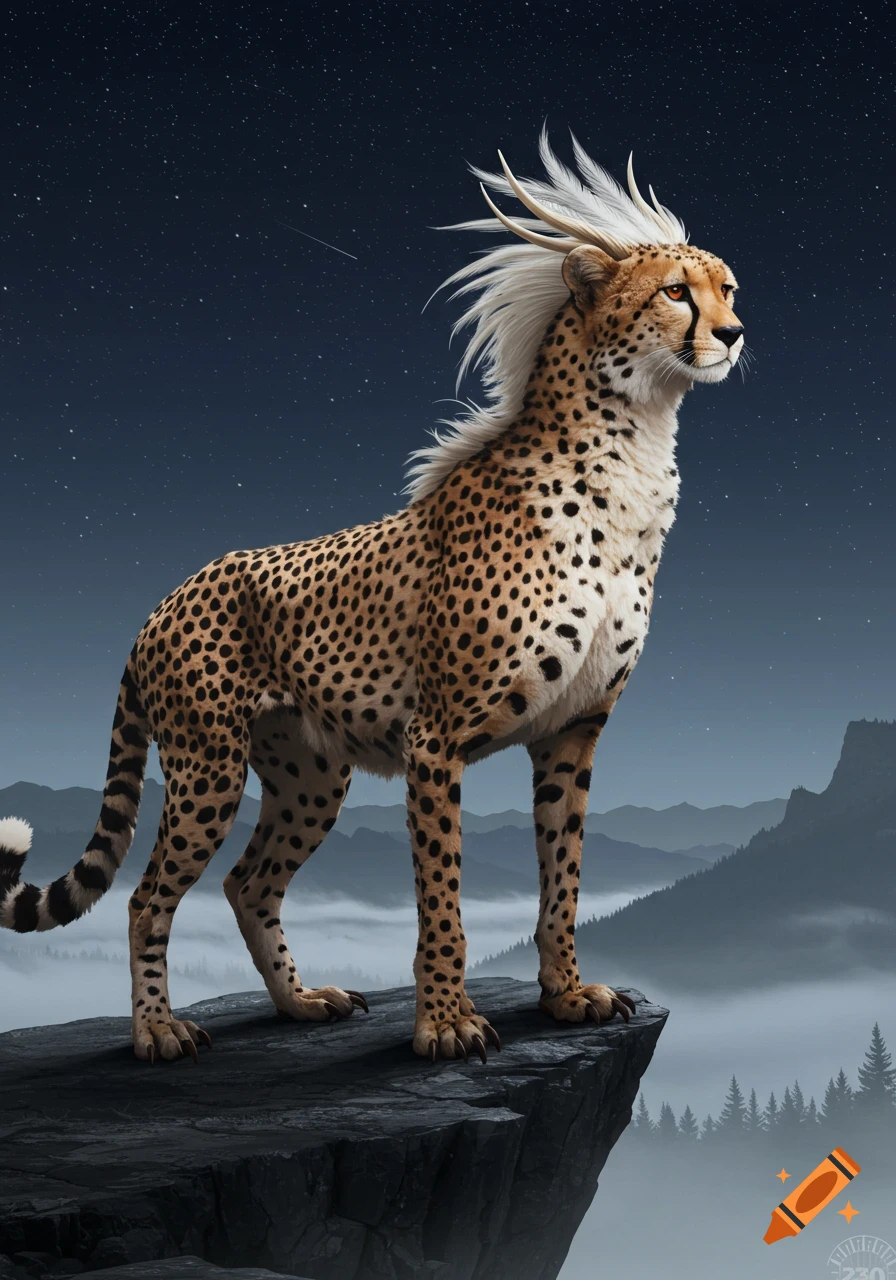 A majestic cheetah-like fantasy creature with a white spiky mane and horns stands on a rocky cliff, gazing right, under a starry night sky and misty mountains.