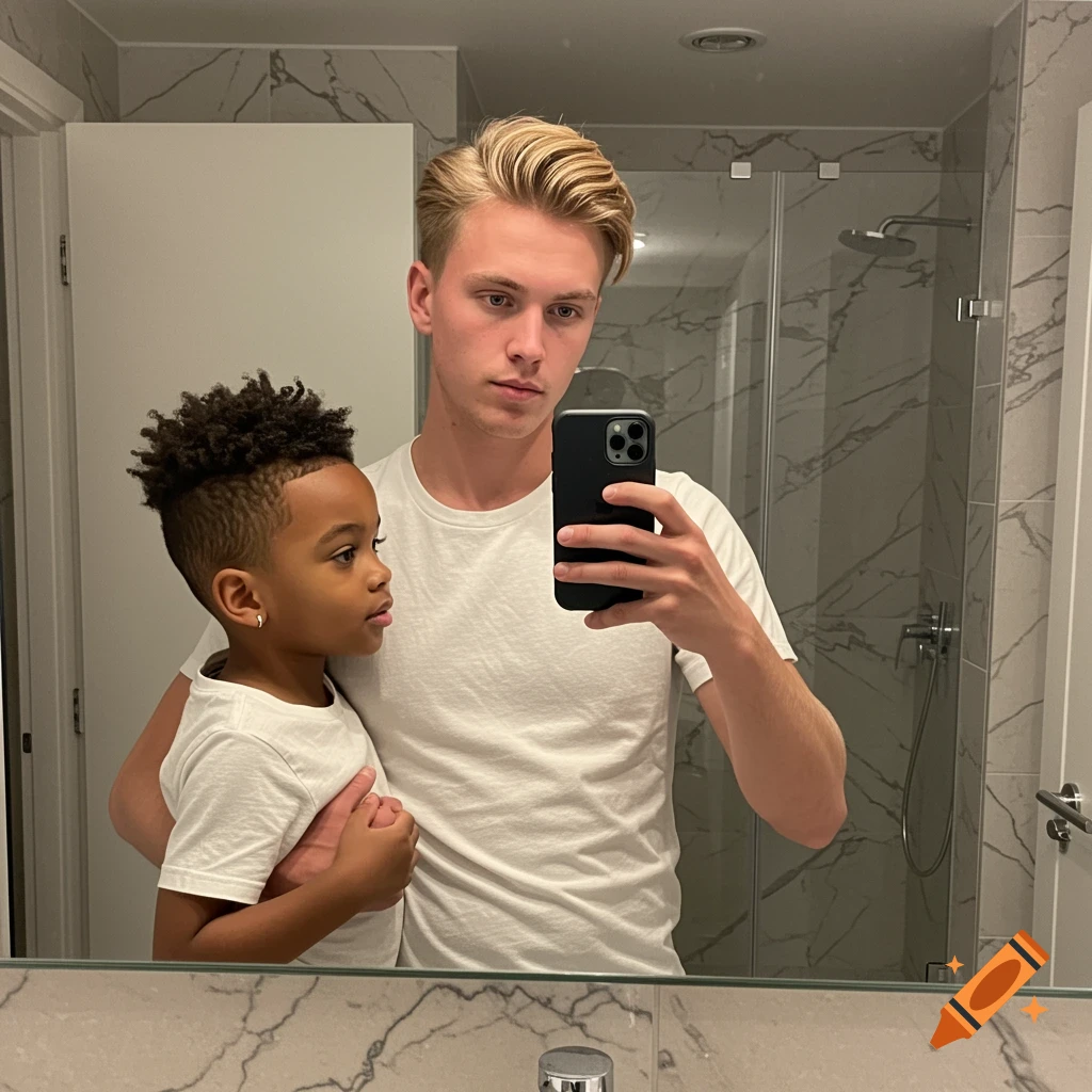 A blonde man holds a child with an afro fade haircut, taking a mirror selfie in a modern bathroom.