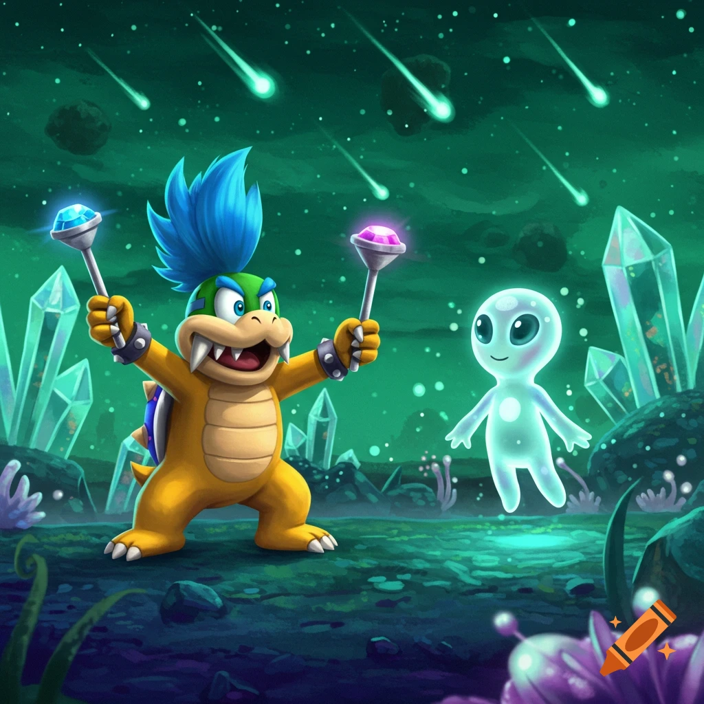 Larry Koopa holding scepters with a cute alien on a green, crystal-filled alien planet under falling meteors, cartoon art.