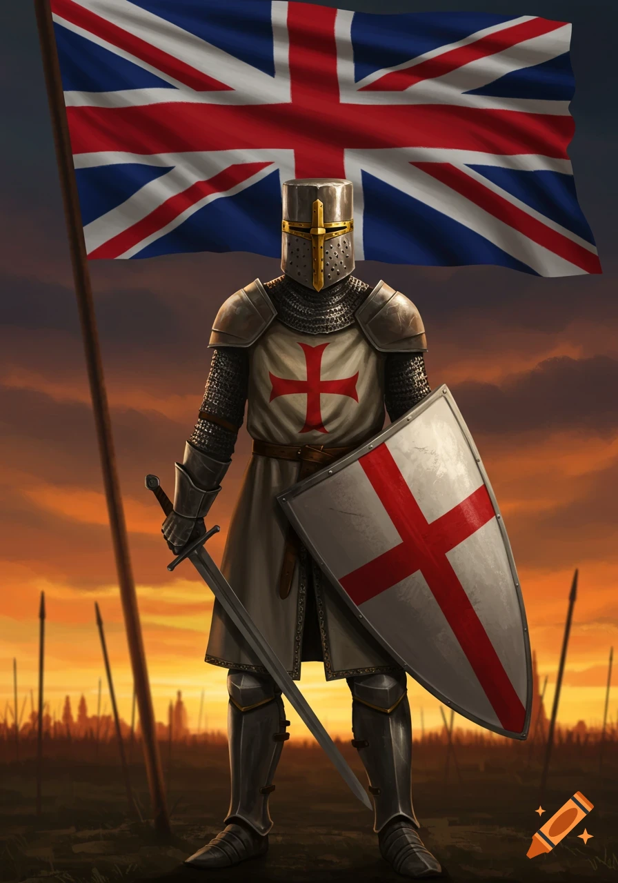 A medieval Crusader knight with a George Cross shield and sword stands before a large Union Flag at sunset.