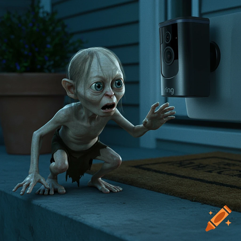 Gollum crouches on a porch, staring with wide eyes and open mouth at a Ring doorbell camera mounted on the wall. The scene is lit by dusk.