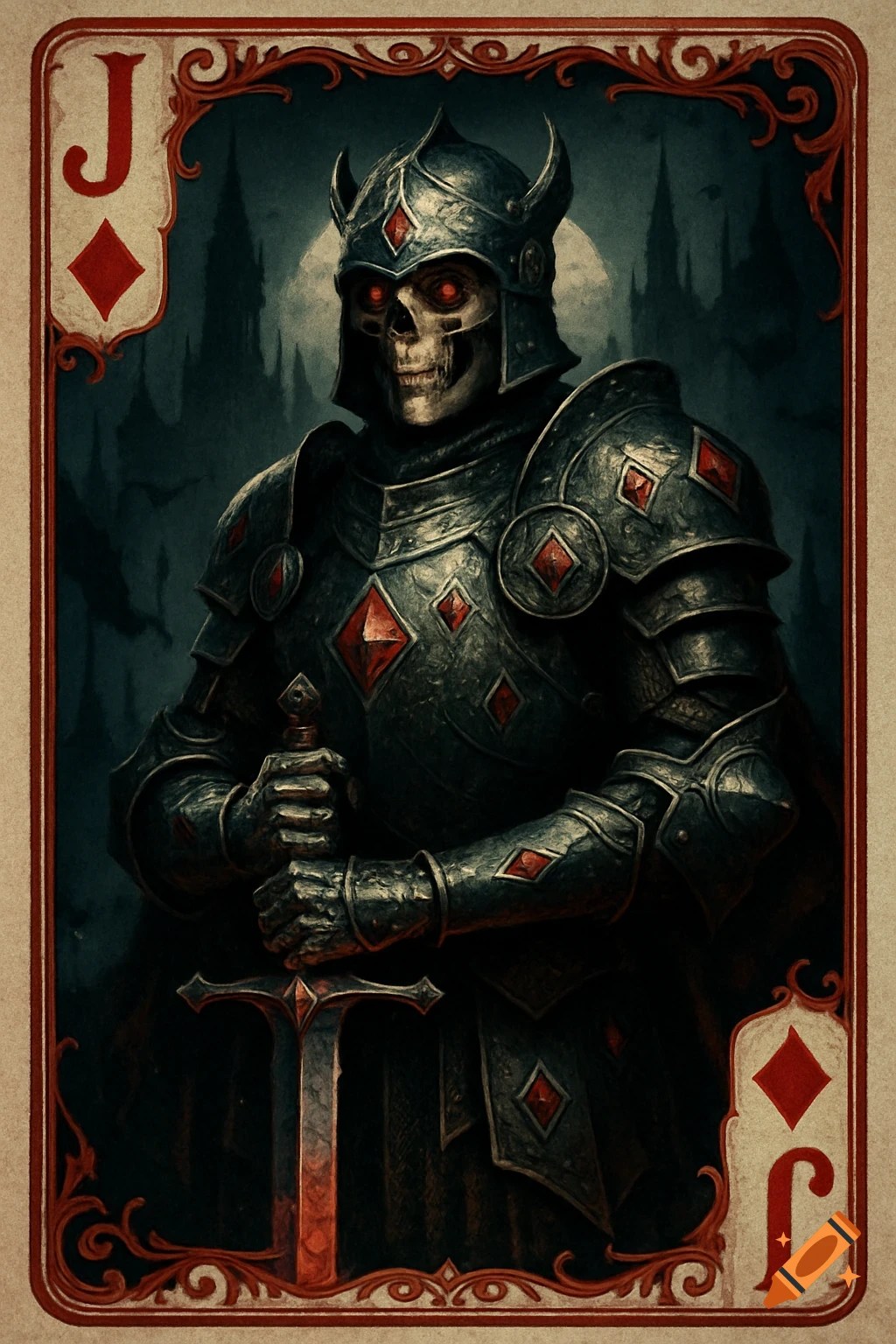 A dark fantasy playing card of the Jack of Diamonds, featuring a skeletal knight in ornate dark armor with glowing red eyes, holding a sword.