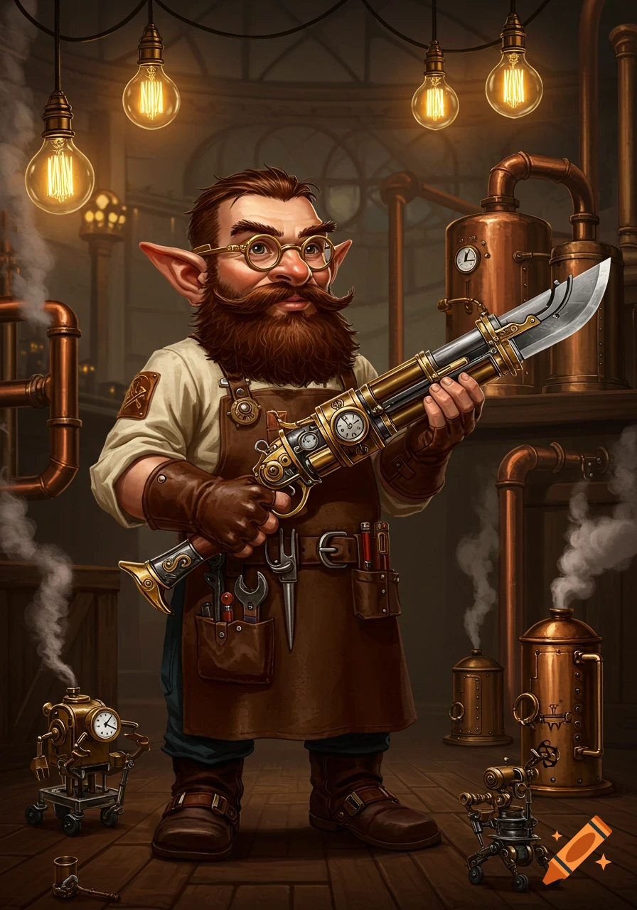 Bearded gnome artificer in a steampunk workshop, holding a gunblade. Copper pipes, gears, and glowing bulbs surround him.