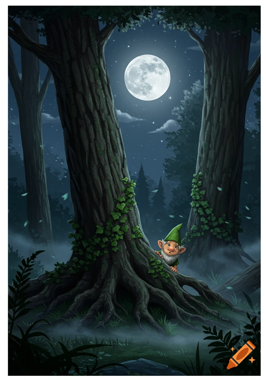 A cute gnome with a green hat peeks from behind a mossy tree trunk in a misty, moonlit forest at night.