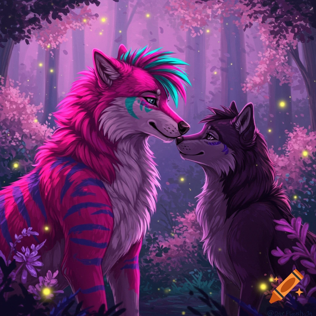 Stylized illustration of a hot pink anthropomorphic wolf with teal hair touching noses with a purple anthropomorphic wolf in a glowing, magical forest.