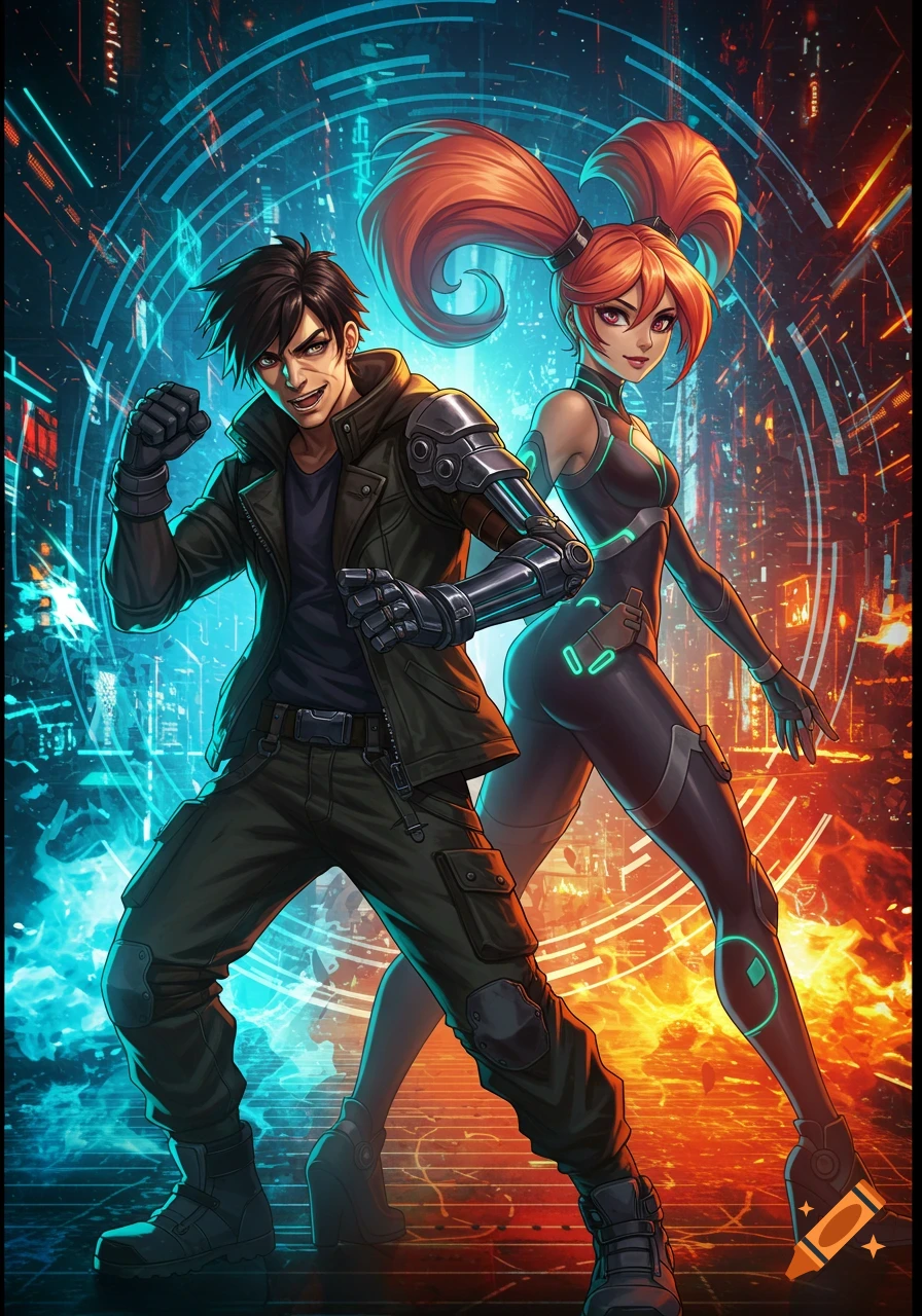 Anime man with cybernetic arm and woman with high ponytail in a sleek suit, against a glowing blue and orange cyberpunk city.