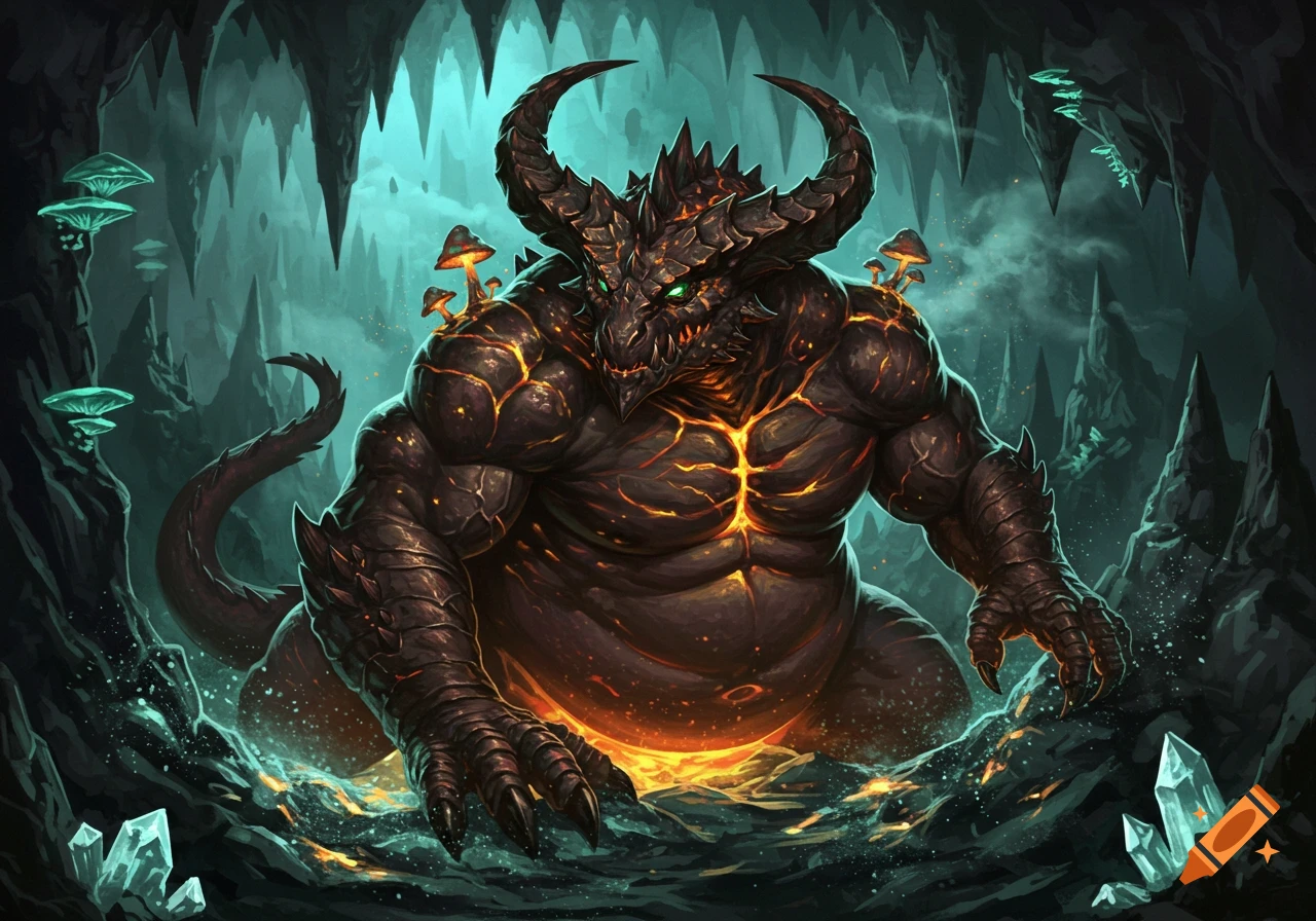 A muscular, dark, dragon-like creature with glowing cracks and mushrooms on its body in a mystical cave.