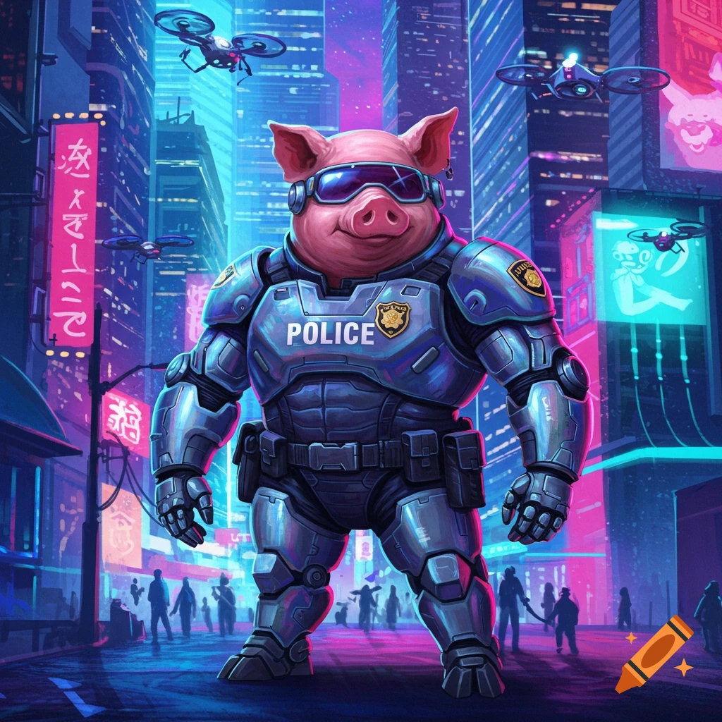 A cartoon pig in blue futuristic police armor and goggles stands in a neon-lit cyberpunk city street with drones flying overhead.