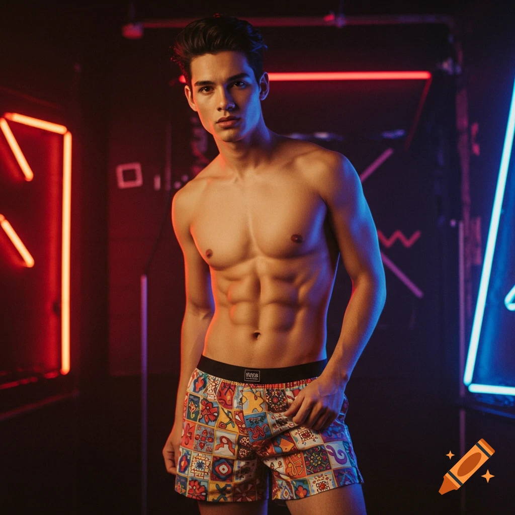 Toned man with dark hair, shirtless, wearing colorful patterned boxer shorts, standing in a dimly lit setting with neon lights.