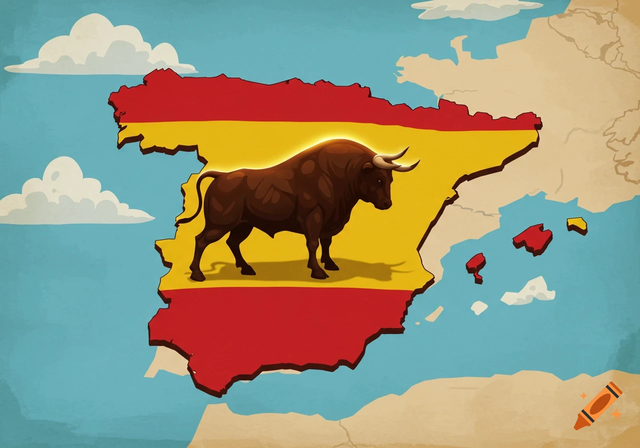 A stylized map of Spain in the colors of its flag, featuring a large brown bull standing on the yellow stripe.