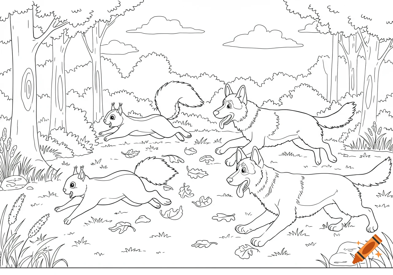 Black and white coloring page showing two squirrels running from two German Shepherds in a forest.
