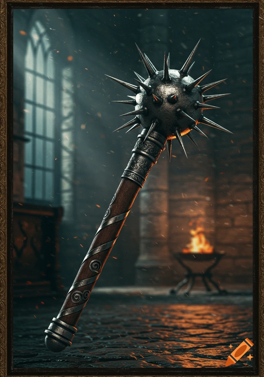 A detailed, spiked medieval mace with a wooden handle, set in a dark stone hall with light from a window and a burning brazier.