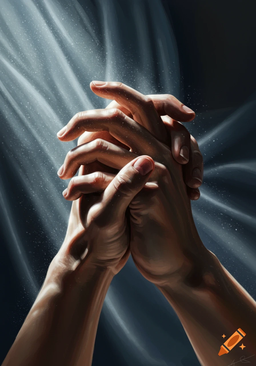 A painterly close-up of two clasped hands, lit by ethereal rays of light, against a dark, swirling background.