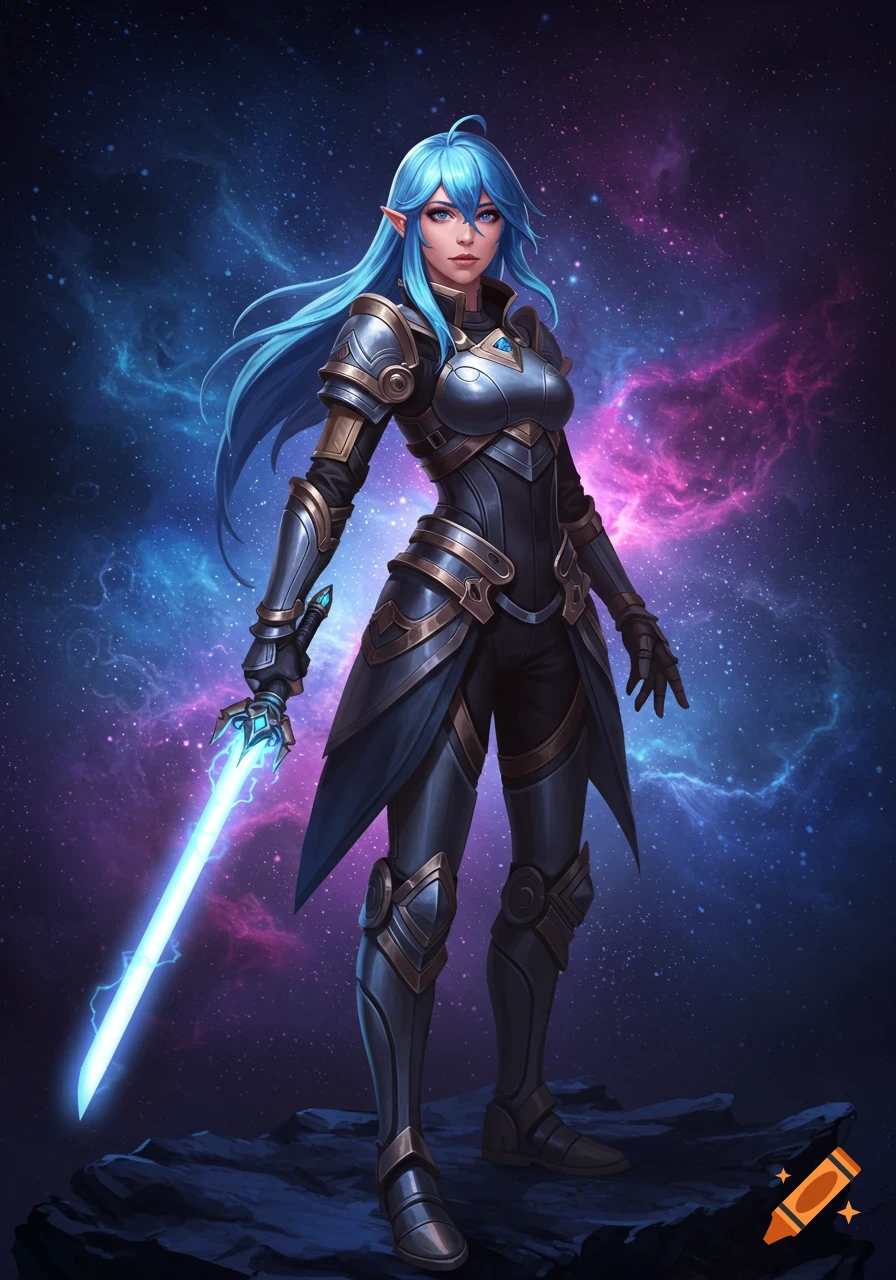 Blue-haired elf warrior in ornate armor holding a glowing blue sword, standing on rocks against a cosmic galaxy background.