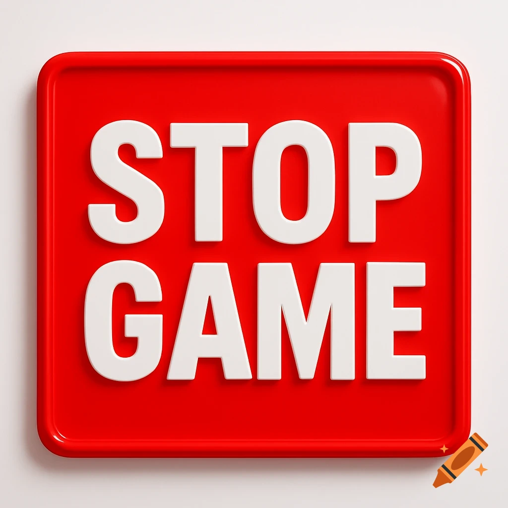 A red square sign with the white 3D embossed text 'STOP GAME' on it.