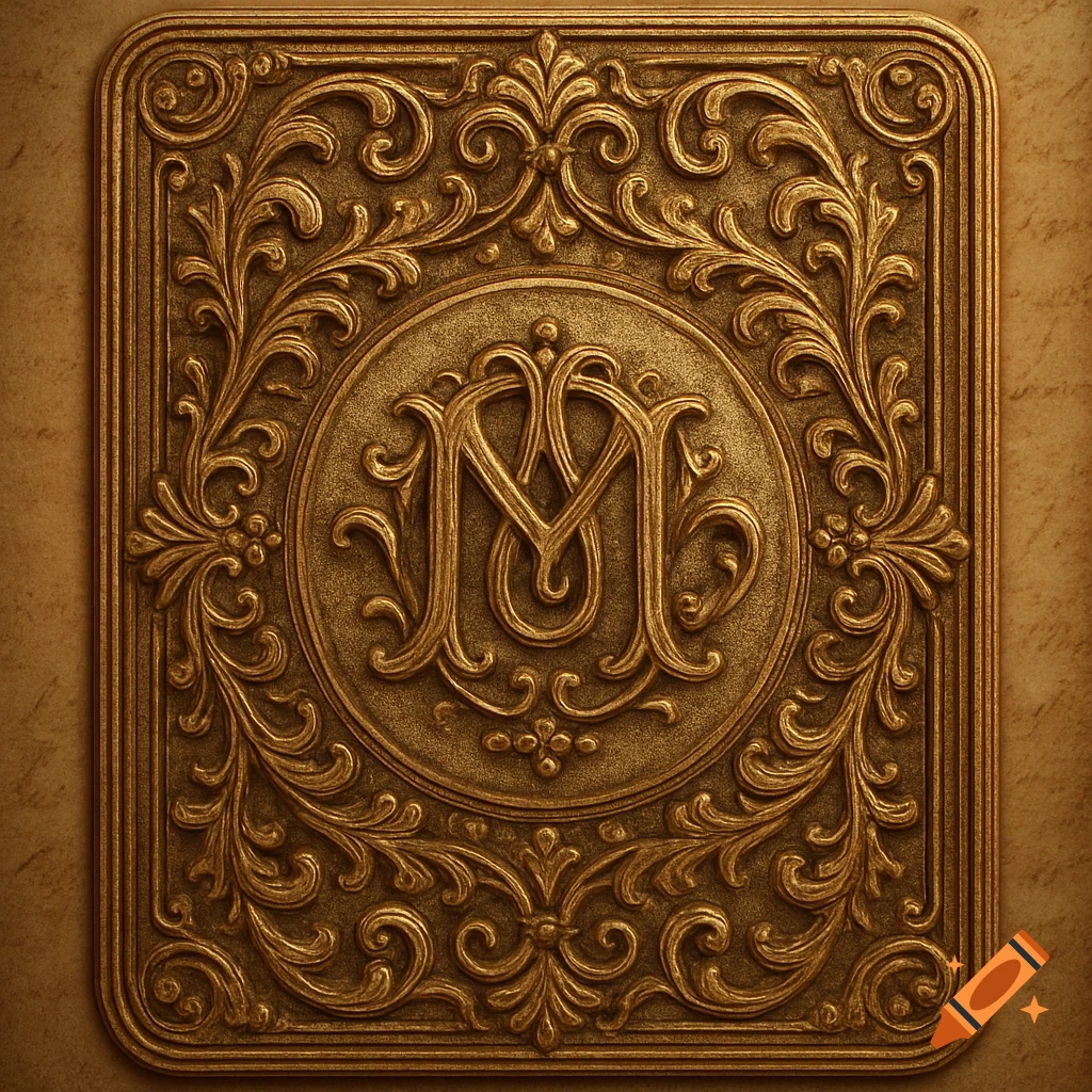 Gold vintage-style relief with a central monogram of intertwined letters and ornate floral scrollwork.