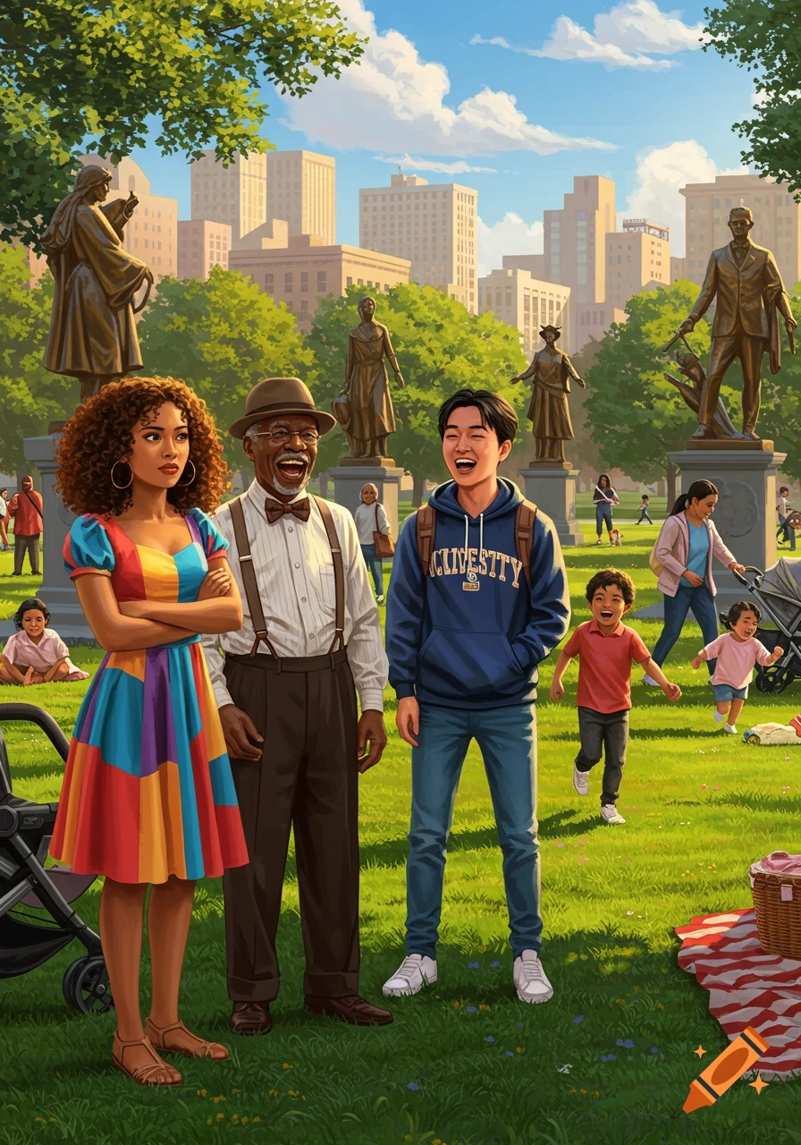 Diverse group of people in a sunny park with bronze statues and city buildings in the background.