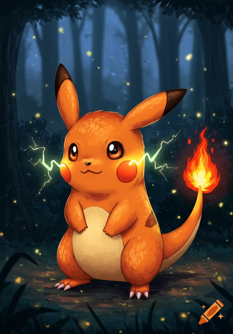 A cute orange Pikachu-Charmander fusion (Pikamander) with sparking cheeks and a flaming lightning bolt tail, standing in a magical glowing forest.
