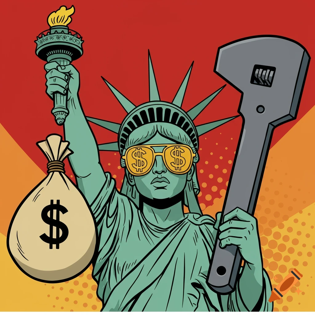 Pop art illustration of Lady Liberty wearing dollar-sign sunglasses, holding a money bag and a large wrench.