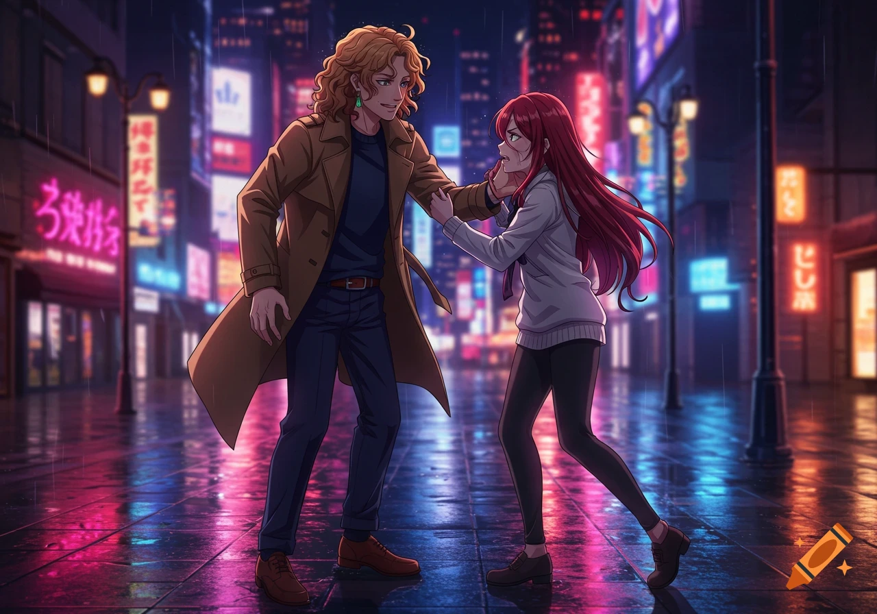 Anime-style scene of a man holding a woman's wrist in a confrontation on a rainy city street at night, with neon signs.