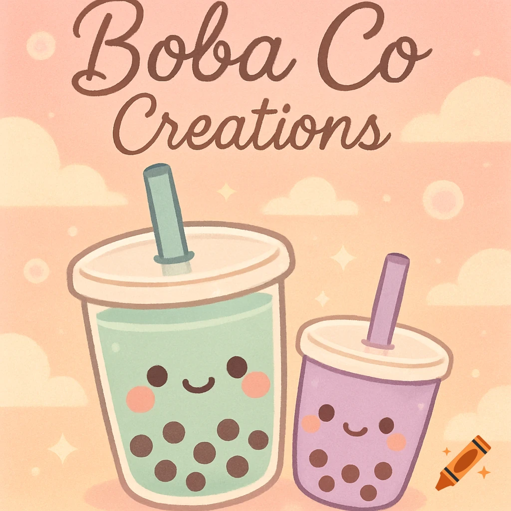 Cute kawaii illustration of two smiling boba teas, mint and lavender, with 'Boba Co Creations' title on a pastel sky.