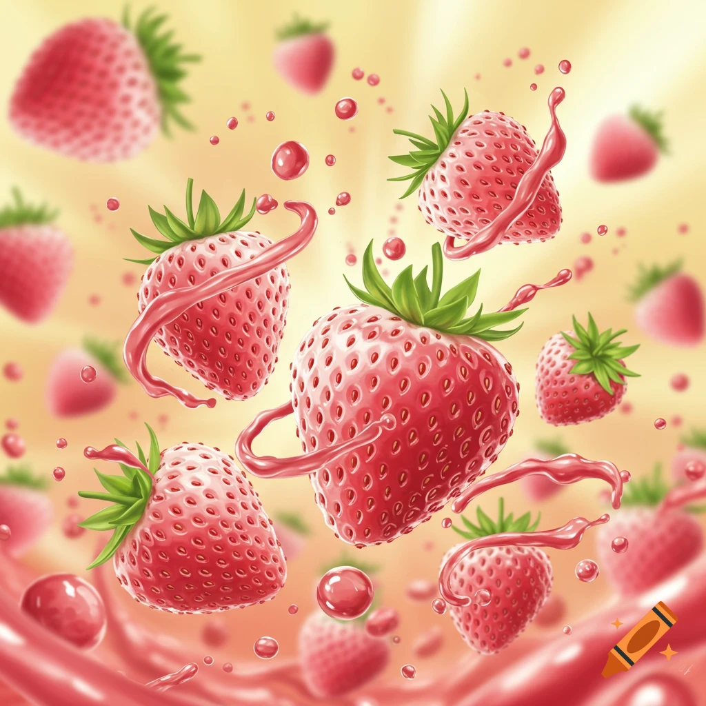 Vibrant red strawberries and juice splashes float against a yellow and red background, in an illustrative style.