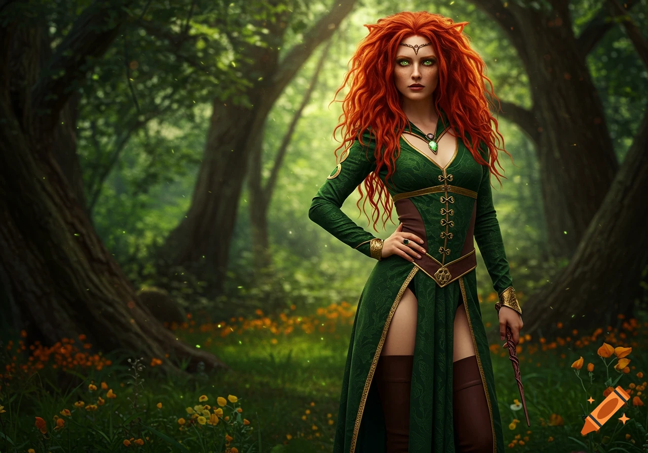 A striking woman with fiery red hair and green eyes, dressed in a green fantasy gown, stands in an enchanted forest.