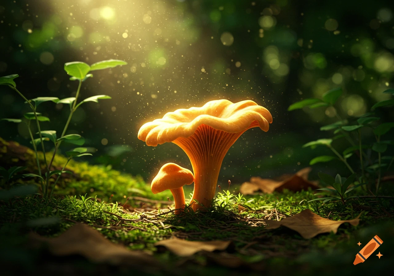 Close-up of two glowing chanterelle mushrooms on a mossy forest floor, bathed in sunbeams filtering through trees.