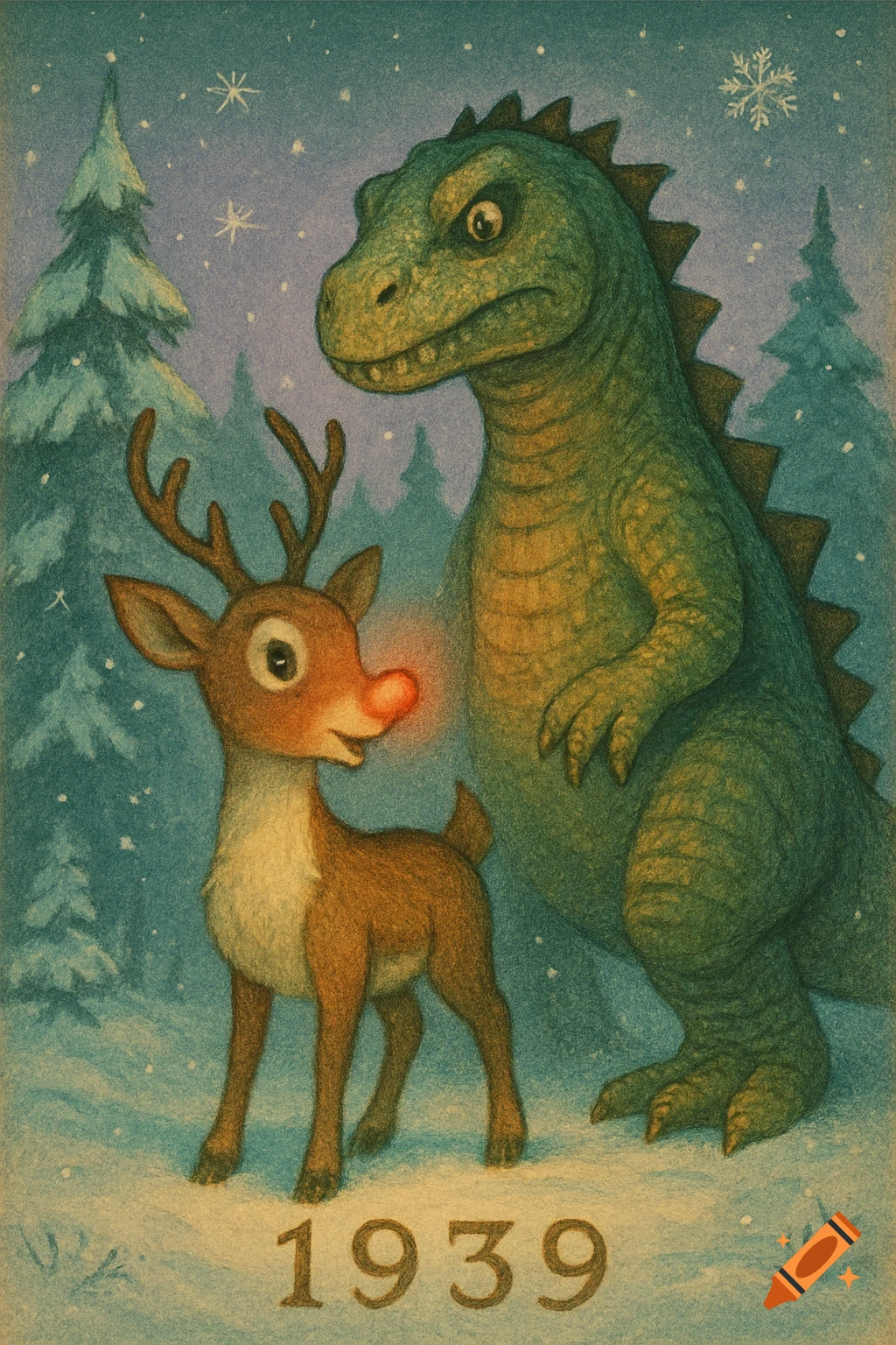 Vintage illustration of Rudolph the Red-Nosed Reindeer and a dinosaur standing in a snowy forest at night, with '1939' written at the bottom.