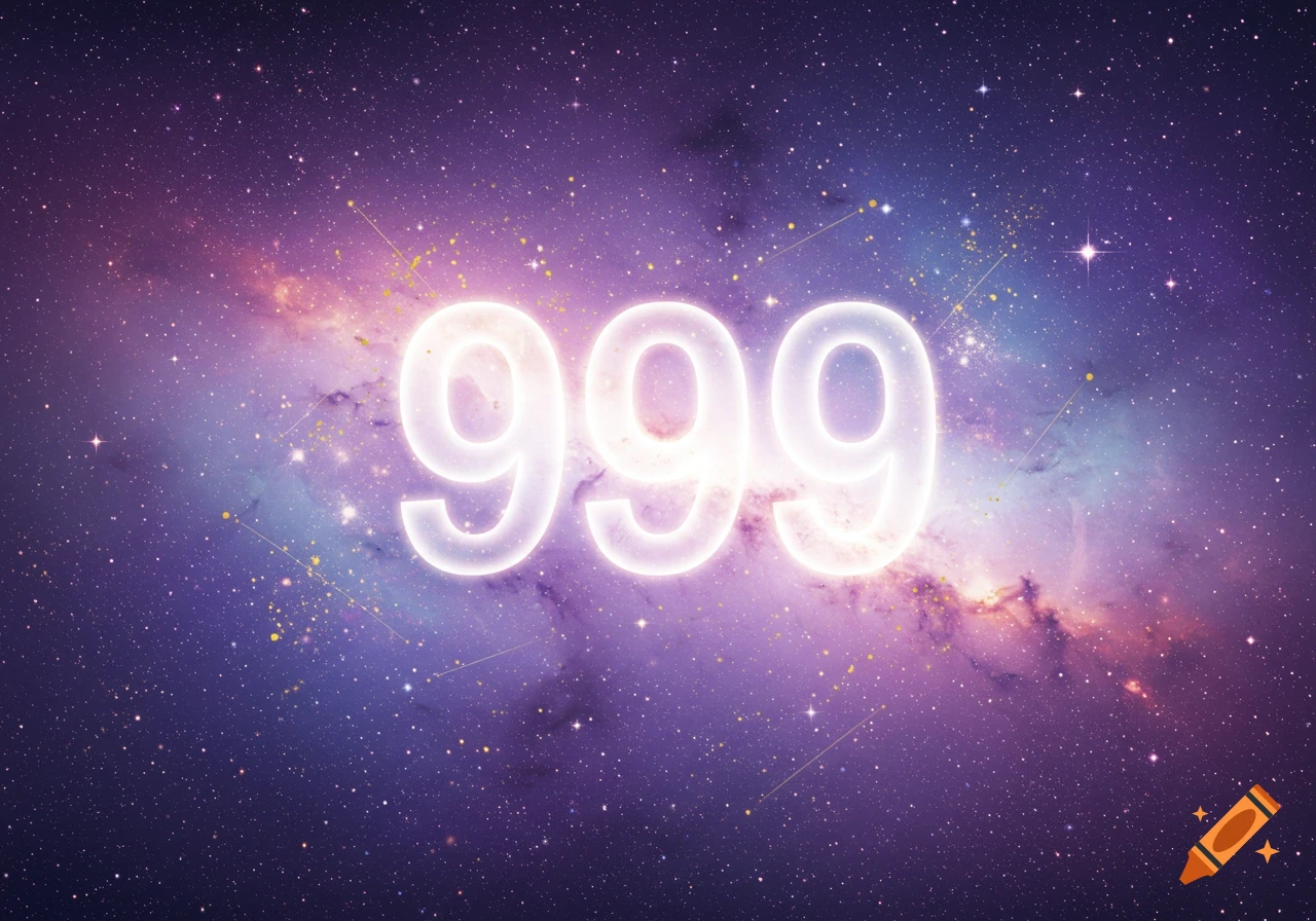 The number 999, glowing brightly against a purple, blue, and pink cosmic background filled with stars and golden accents.