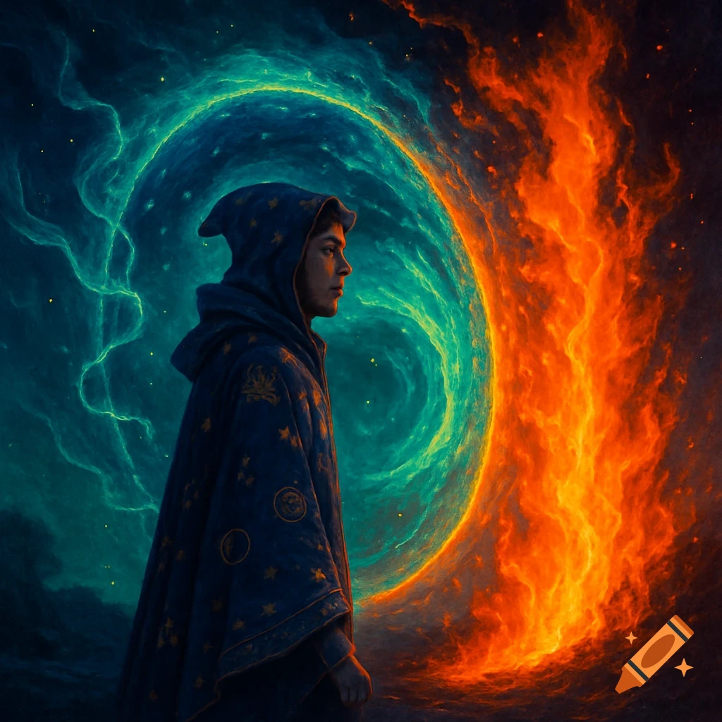 A cloaked figure, likely a magician, stands between a swirling green nebula and a raging firestorm.