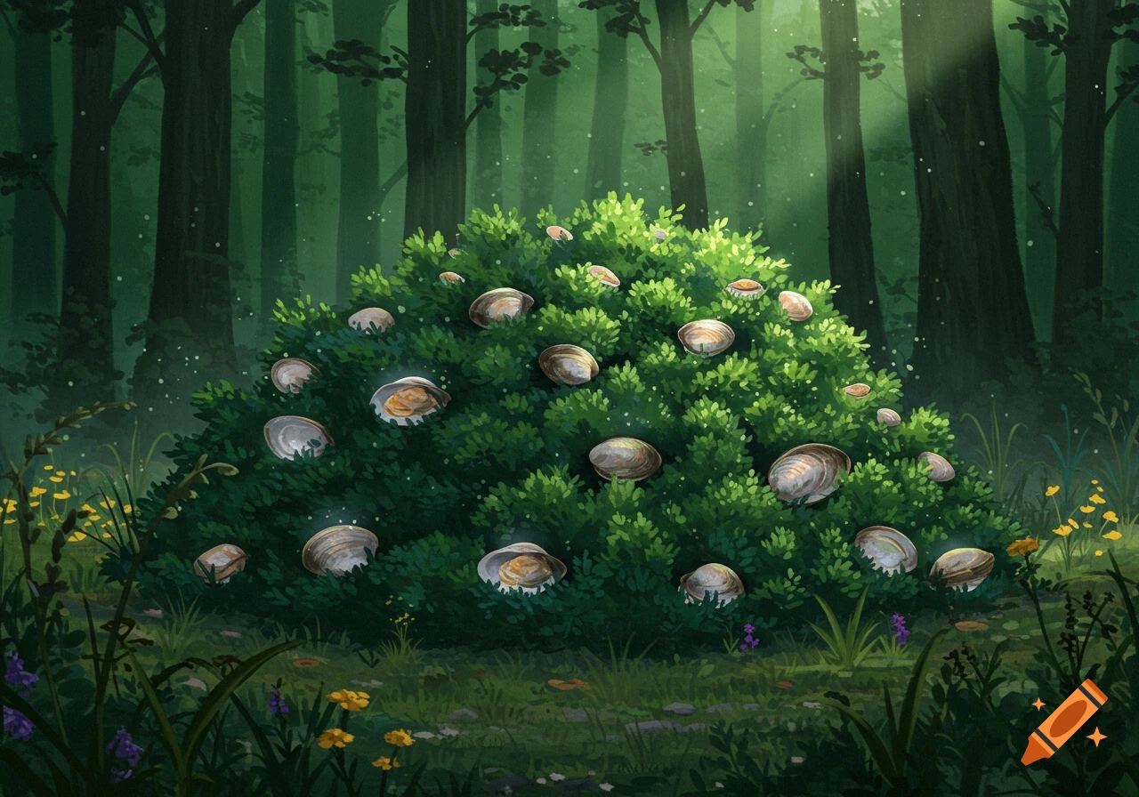 A whimsical illustration of a lush green bush covered in clams, some subtly glowing, in a sunlit forest clearing.