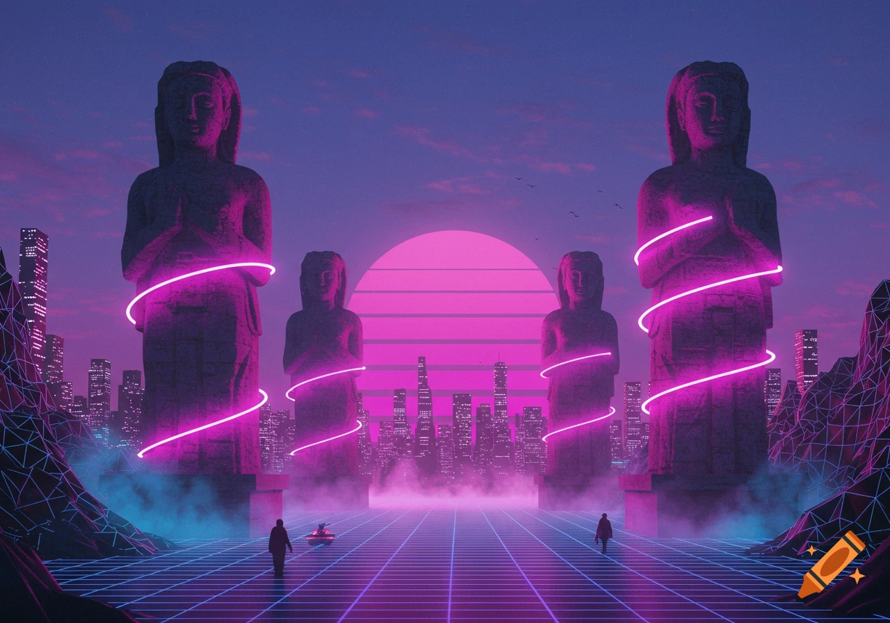 Four large statues with pink neon spirals on a grid ground in a synthwave city, under a pink and purple sky.