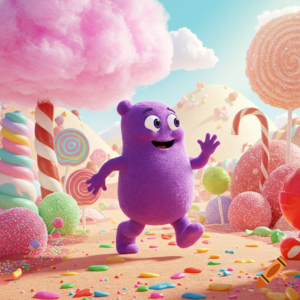A happy, fuzzy, purple cartoon character with large eyes runs through a vibrant candy land with lollipops, cotton candy clouds, and sprinkles.